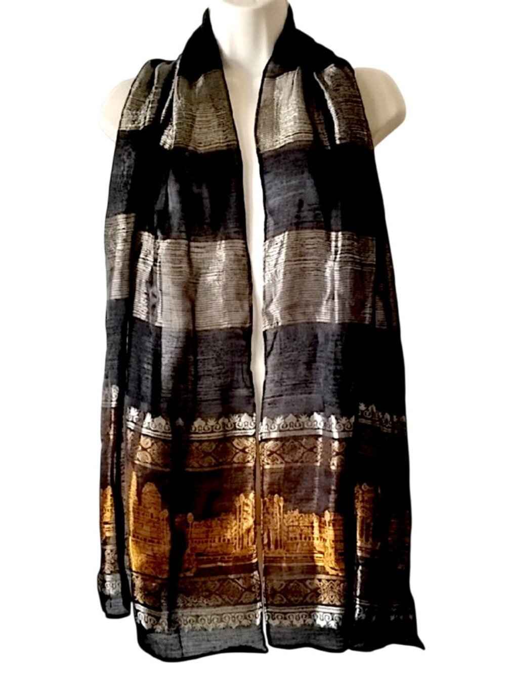 NWOT Cambodia Silk Scarf Angkor Wat Temple Black Metallic Gold Silver Head Wrap